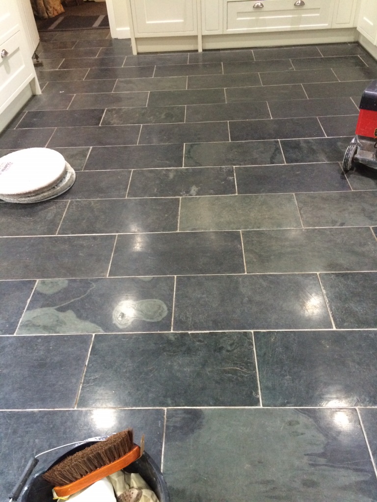 Varnished Brazilian Slate Tiles Before Cleaning