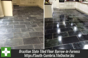 Varnished Brazilian Slate tiled floor refinished in Barrow-in-Furness