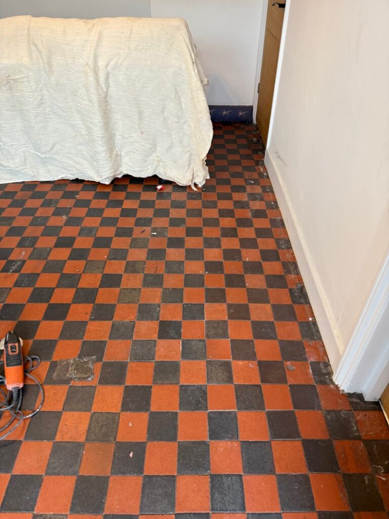 Red and Black Dorchester Pattern Quarry Tiled Floor Before Restoration in Kendal